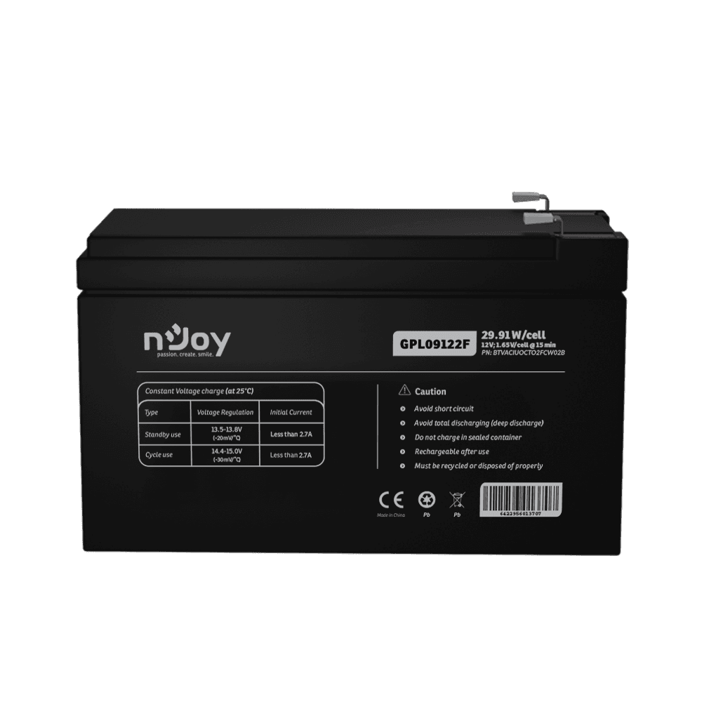 Acumulator nJoy GPL09122F 12V 30.55W/cell, Capacitate 30.55W/cell evaluat la 1,65V/cell@15 min, Tensiune 12V, Tip VRLA - fara mentenanta, Caracteristici: Sigilata complet si fara intretinere, Peste 260 de cicluri la 100% DOD, Utilizare standard 5-8 ani, Auto-descarcare redusa, Conectori : F2
