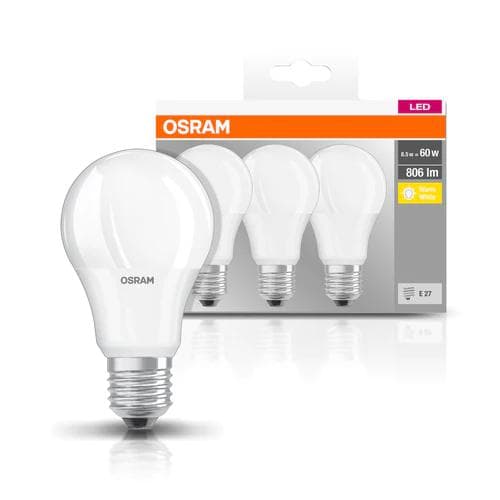 3 Becuri LED Osram Base Classic A, E27, 8.5W (60W), 806 lm, luminacalda(2700K)