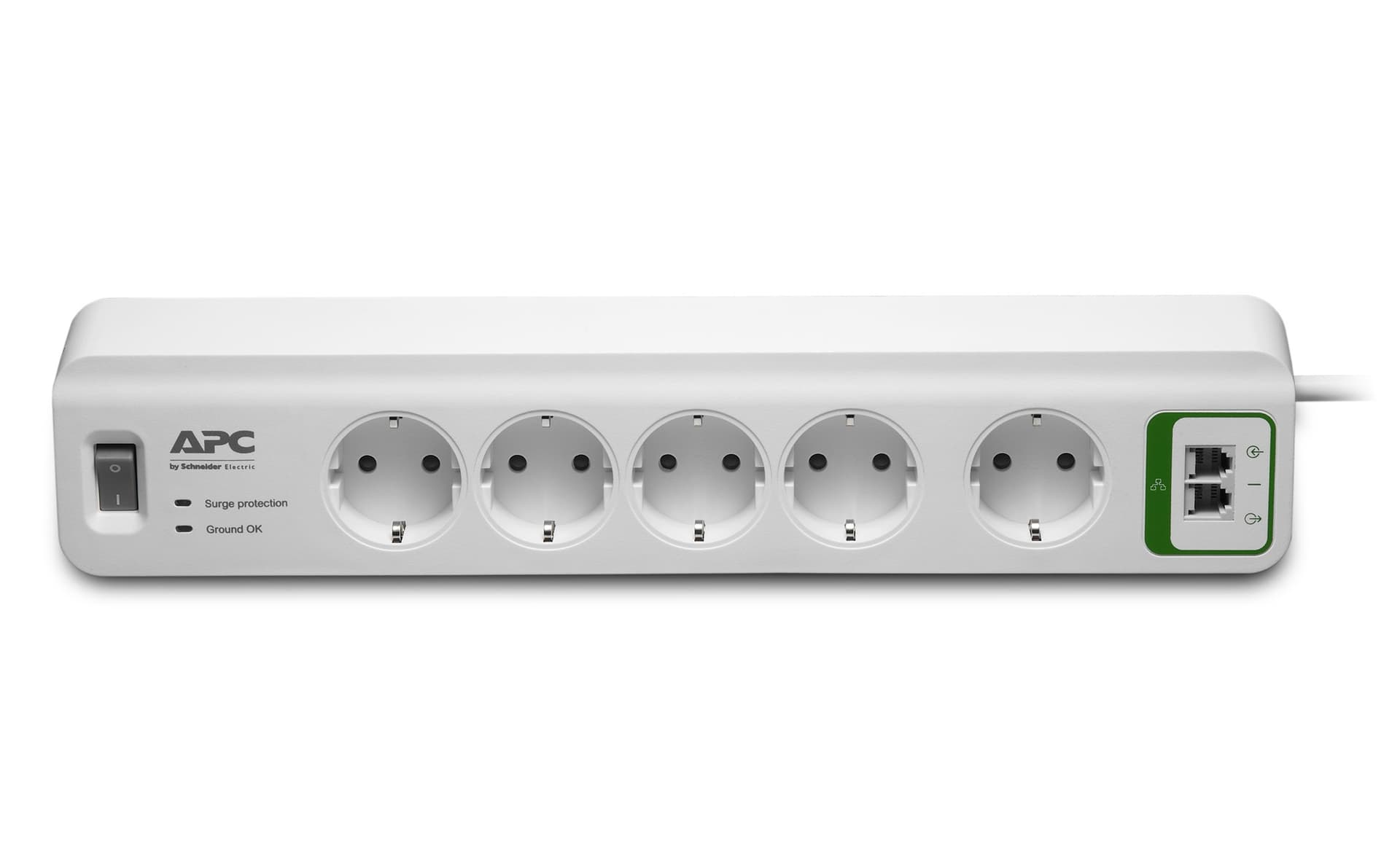PRELUNGITOR APC, Schuko x 5, conectare prin Schuko (T), RJ-11 x 2, cablu 1.8 m, 10 A, protectie supratensiune, protectie telefon, alb, "PM5T-GR"