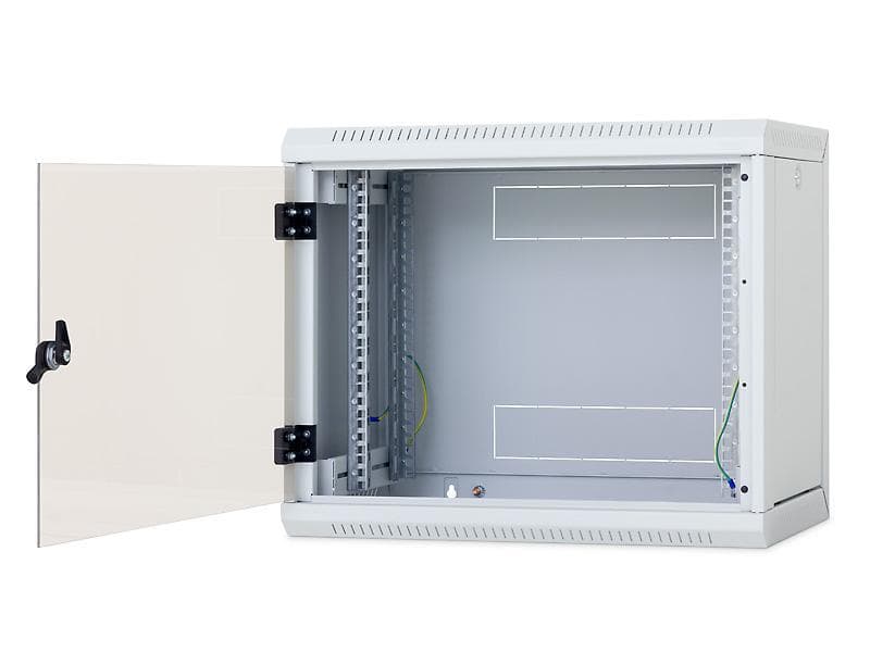 TRITON RACK de PERETE 12U 600mm usa sticla panouri laterale detasabile, sectiuni acces cab sus/jos/spate securizare cheie,1 pereche montanti reglabili,tabla galvanizata IP30 gri "RUA-12-AS6-CAX-A1"