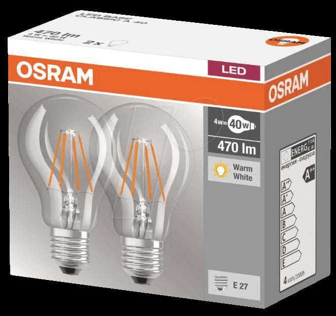 SET 2 becuri LED Osram, soclu E27, putere 4W, forma clasic, lumina alb calda, alimentare 220 - 240 V, "000004052899972001"