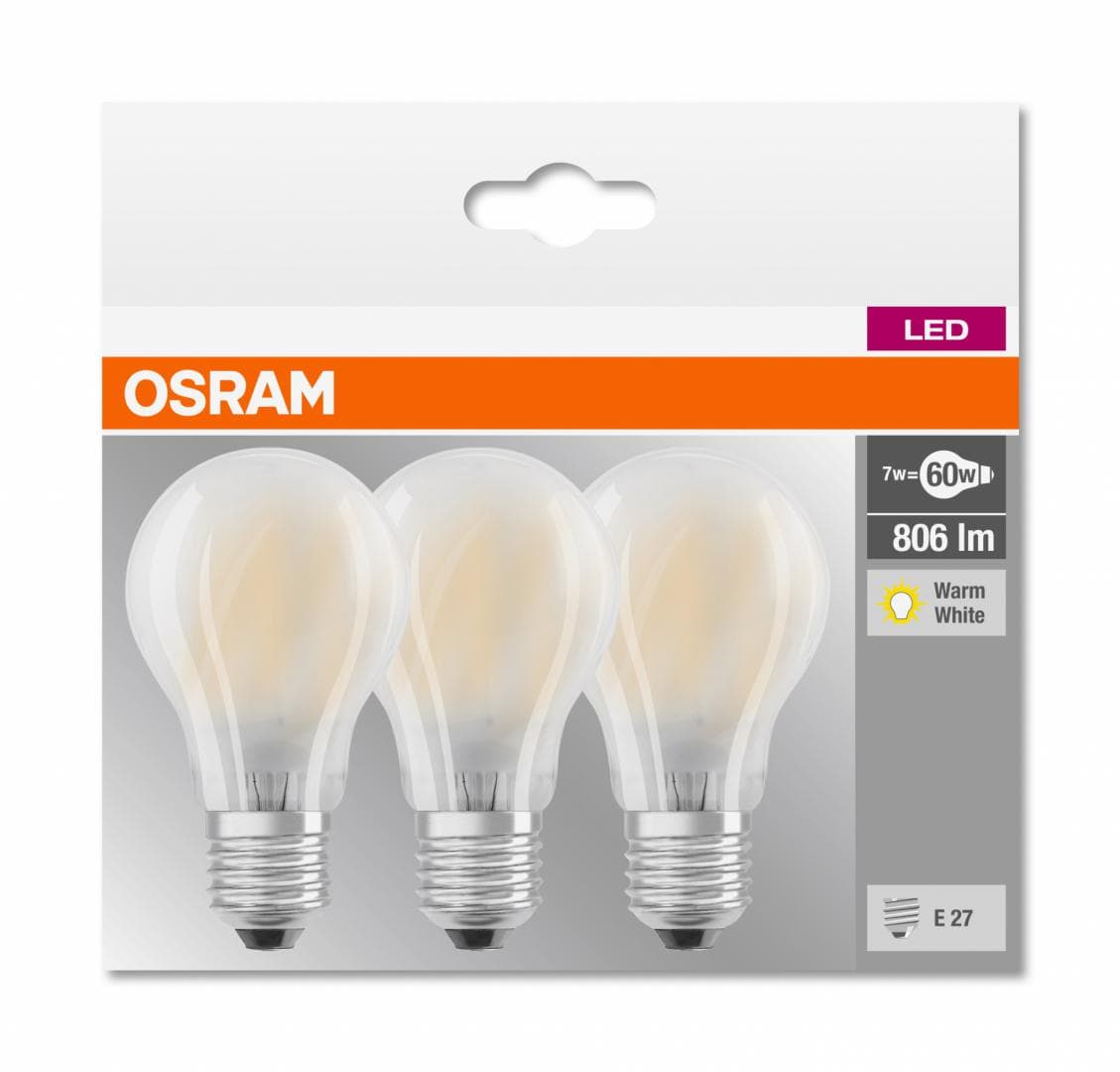 SET 3 becuri LED Osram, soclu E27, putere 7W, forma clasic, lumina alb calda, alimentare 220 - 240 V, "000004058075819351"