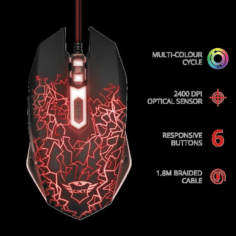 MOUSE TRUST, "GXT 105 Izza", gaming, cu fir, USB, optic, 2400 dpi, butoane/scroll 6/1, iluminare, buton selectare viteza, negru, "TR-21683"