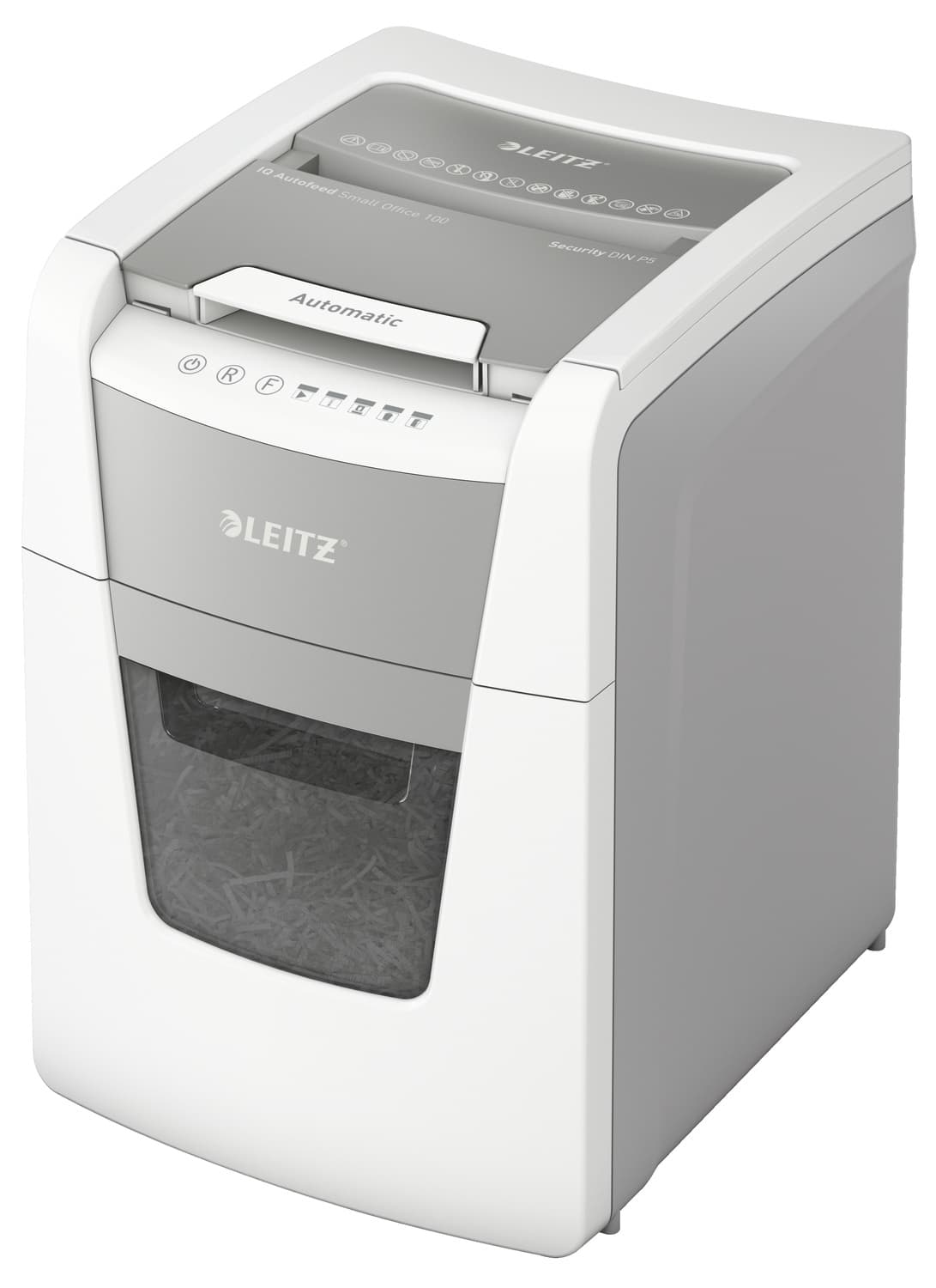 Distrugator automat documente Leitz IQ Small Office, 100 coli, P5, micro-cut (tip particule), cos 34 litri, alb-gri, Leitz "80120000"
