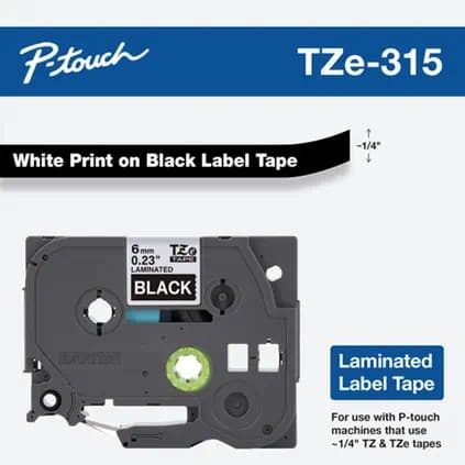 Banda laminata Original Brother White on Black, TZE315, pentru E105|E110|H100|H101|H105|H110|H111|P300|128|200|1000|1010|1090|1100|1120|1130|1160|1170|1180|1190|1200|1230|1280|1290|6100|7100|ST1150, 6mm, incl.TV 0 RON, "TZE315"