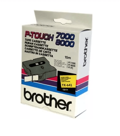 Banda laminata Original Brother Black on Yellow, TX641, pentru D400|D450|E300|H300|18R|300|310|320|340|1300|1700|1750|1760|1800|1810|1830|1880|1890|1900|1910|1950|1960|2030|2040|2100|2110|ST5, 18mm, incl.TV 0 RON, "TX641"