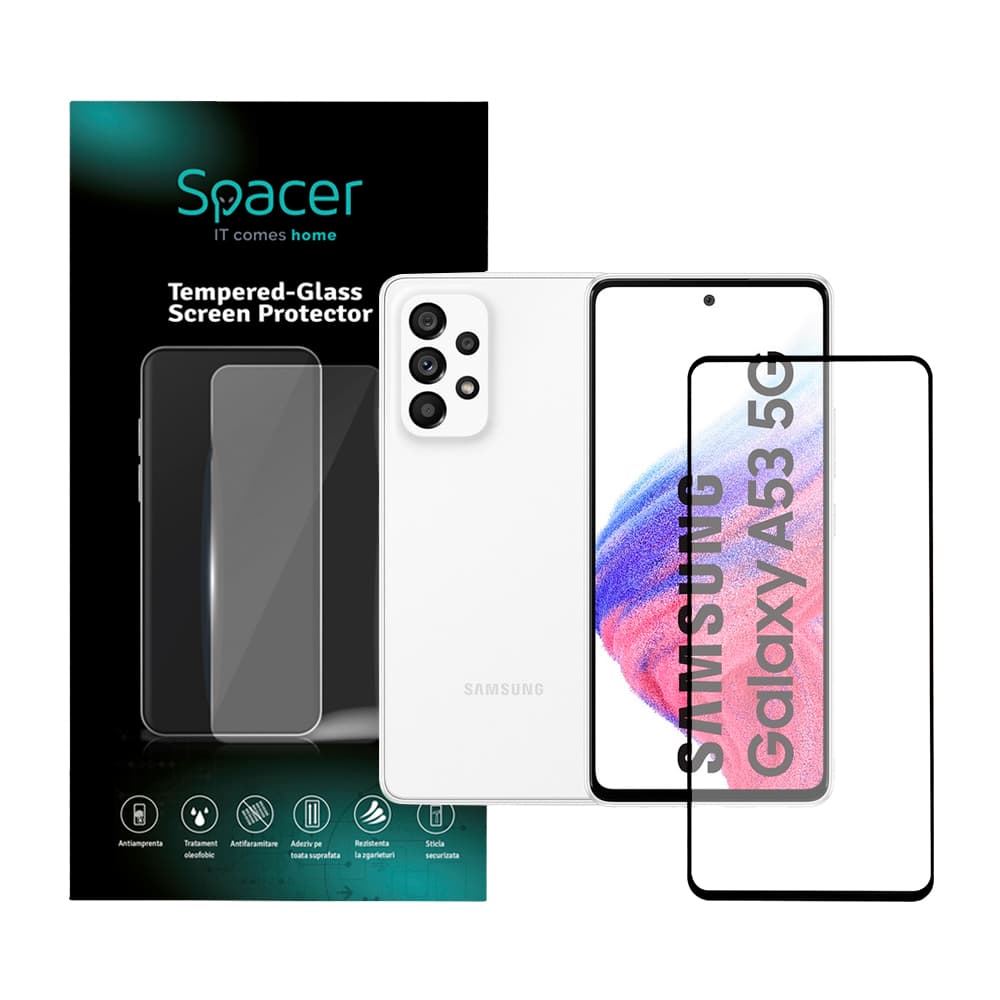 FOLIE STICLA Spacer pentru Samsung Galaxy A53, grosime 0.3mm, acoperire totala ecran, strat special anti-ulei si anti-amprenta, Tempered Glass, sticla 9D, duritate 9H "SPPG-SM-GX-A53-TG"