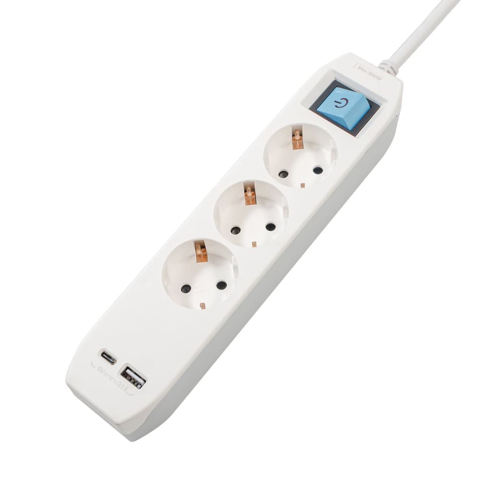PRELUNGITOR SPACER, Schuko x 3, conectare prin Schuko (T),Type-C x1, USB x 1, 3.1A, cablu 3m, 16 A, max. 3500W, protectie copii, Intrerupator, Gri-Alb, "PP-3-30-TC-USB" 45507256