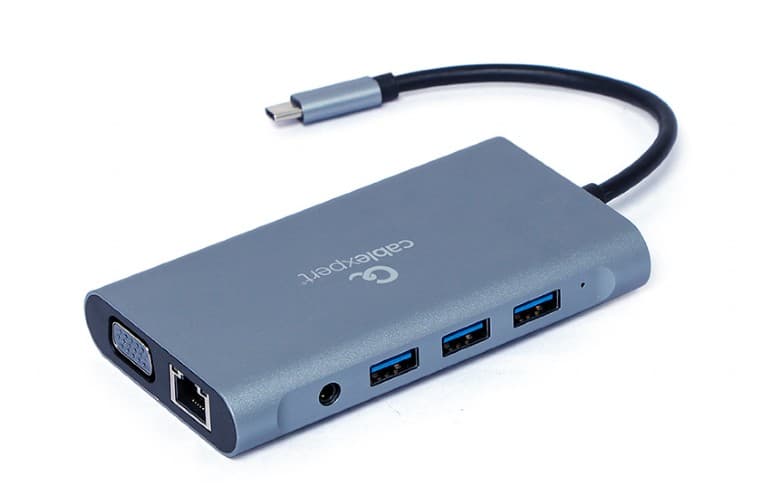 DOCKING Station Gembird universal, 7-in-1, conec PC USB Type C, USB-Cx1, USB-A 3.1x3, porturi video HDMIx1, VGAx1, RJ45x1,PD 100 W, SD,microSD,Audio,argintiu, "A-CM-COMBO7-01"