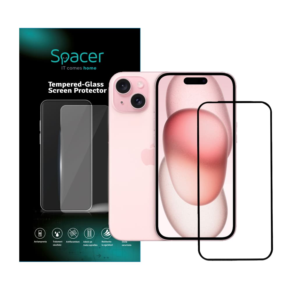 FOLIE STICLA Spacer pentru Iphone 15, grosime 0.3mm, acoperire totala ecran, strat special anti-ulei si anti-amprenta, Tempered Glass, sticla 9D, duritate 9H "SPPG-AP-IP15-TG"