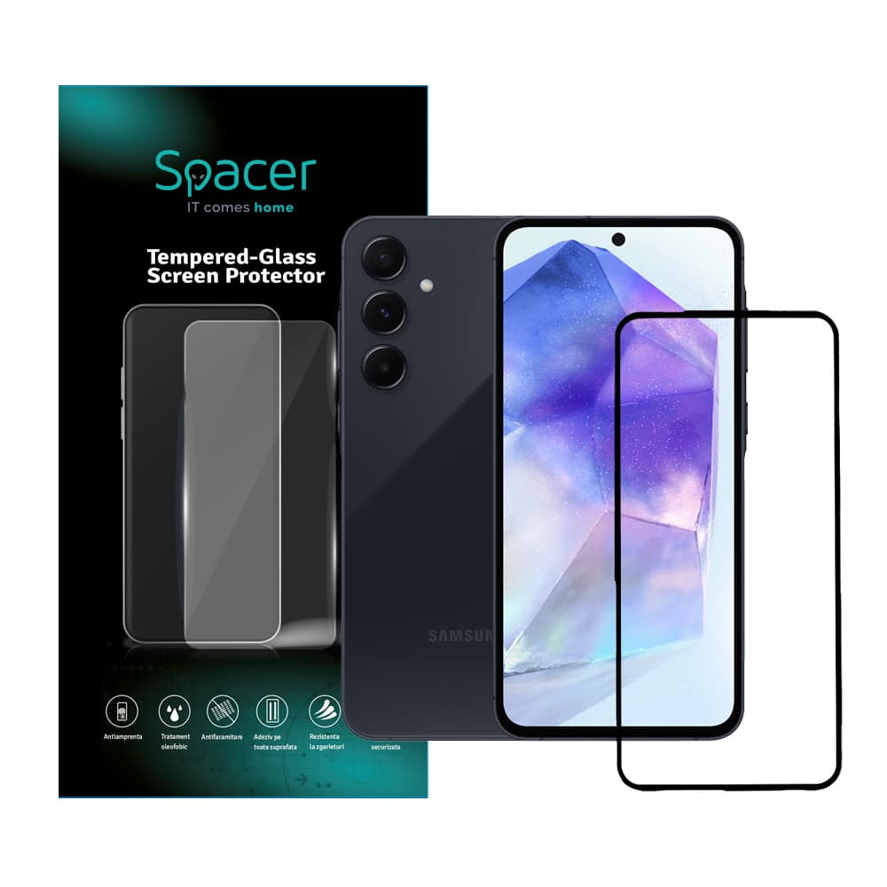 FOLIE STICLA Spacer pentru Samsung Galaxy A55, grosime 0.3mm, acoperire totala ecran, strat special anti-ulei si anti-amprenta, Tempered Glass, sticla 9D, duritate 9H "SPPG-SM-GX-A55-TG"
