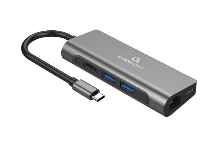 DOCKING Station Gembird universal, 5-in-1, conectare PC USB Type C, USB-C x 1, USB-A 3.1 x 3, porturi video HDMI x 1, PD 100 W, Audio, argintiu, "A-CM-COMBO5-05"