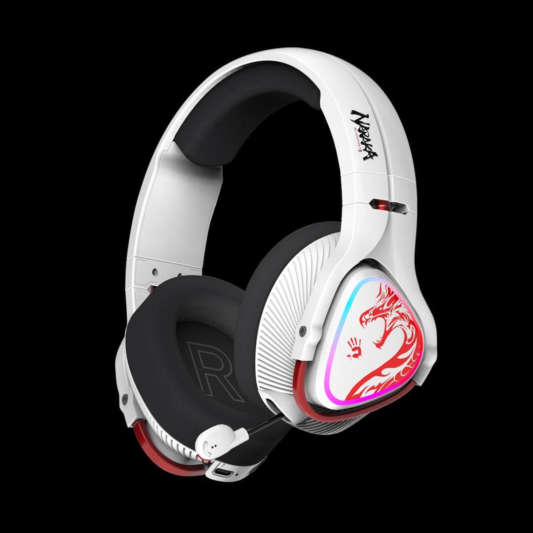 CASTI A4TECH - gaming, "Bloody co-branded Naraka",wireless 2.4GHz+BT 5.3, tip standard,utilizare multimedia (PC and more),mic pe casca, iluminare, alb, USB-C,cablu 1.5m "MR720"