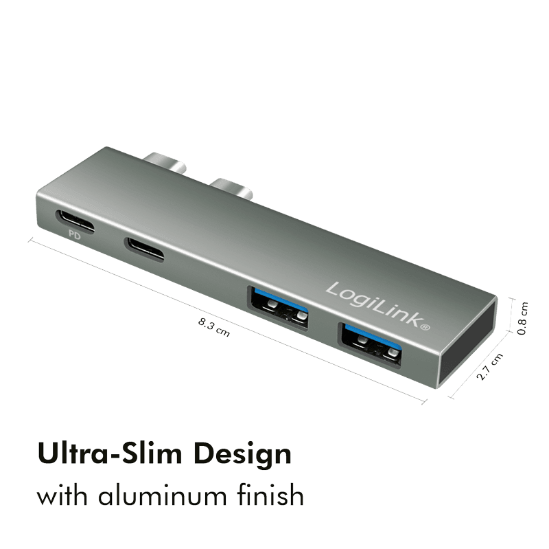 HUB extern LOGILINK, porturi USB: USB-C 3.2 (Thunderbolt3) PD 100W x 1 + USB-C x 1, USB-A 3.0 x 2, conectare prin USB-C, aluminiu, argintiu, "UA0399"