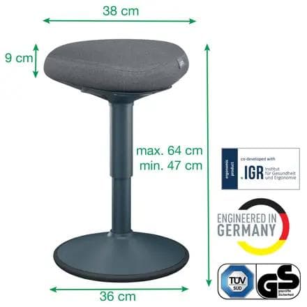SCAUN ergonomic Leitz Ergo Cozy, pozitie sezut/ in picioare, inaltime reg 57-82 cm, 370x610x377 mm, baza rotunjita pt. rotire/ leganare, sezut din spuma, anti-alunecare, 6.1 Kg, gri-carbune, "65450089"
