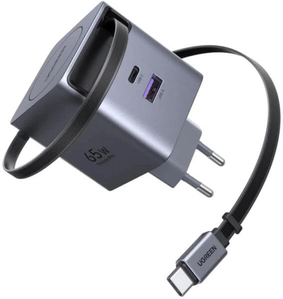 INCARCATOR retea Ugreen GaN "X615" Quick Charge 65W, 1 x USB Type-C, 1 x USB, 1 x cablu USB Type-C retractabil, gri "65825"