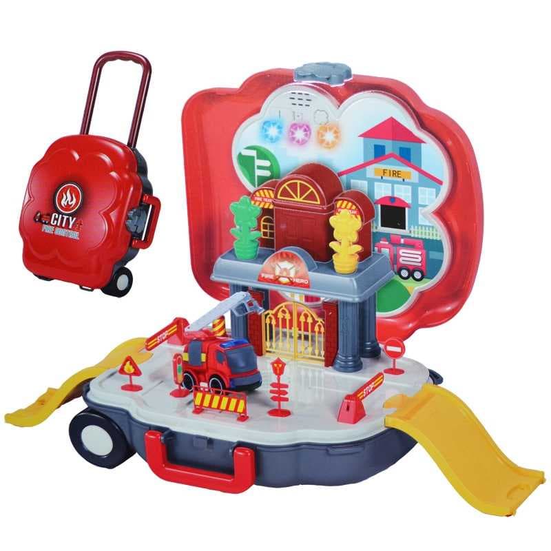 Parcare cu masina de pompieri, muzica/lumina, 1 set/troller