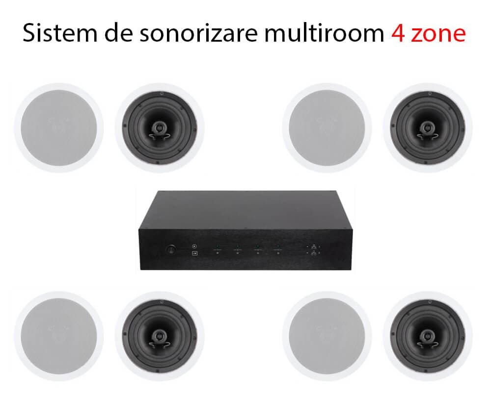 Pachet sonorizare 4 zone 8x50W cu streaming RAKOIT HA400 si 8 boxe de tavan Ambientone R1, Airplay 2